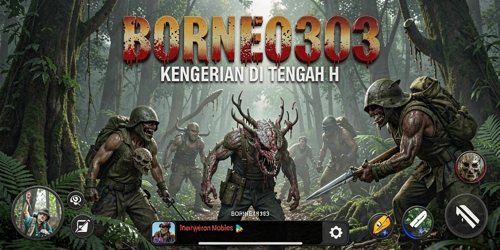 Tampilan gameplay seram dari BORNEO303 saat menjelajahi hutan angker.