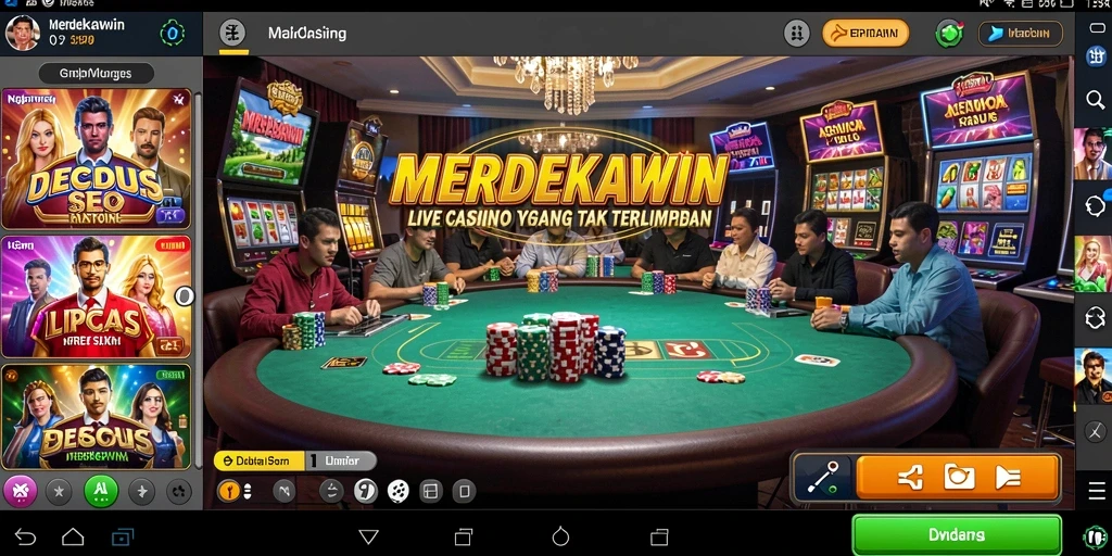 Tampilan gameplay MERDEKAWIN dengan dealer profesional dan interaksi langsung.