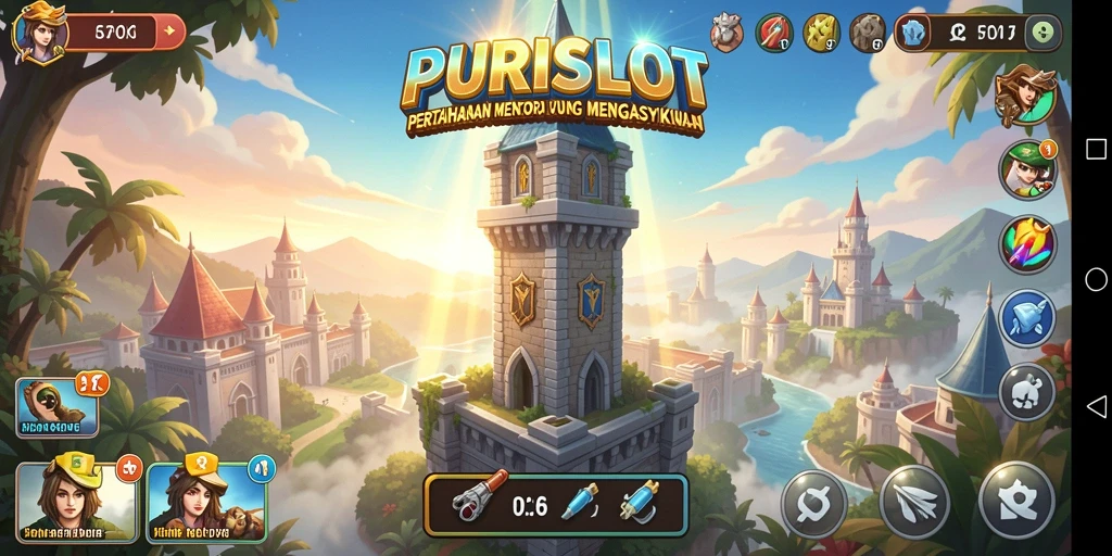 Tampilan gameplay Tower Defense dalam PURISLOT yang mendebarkan.